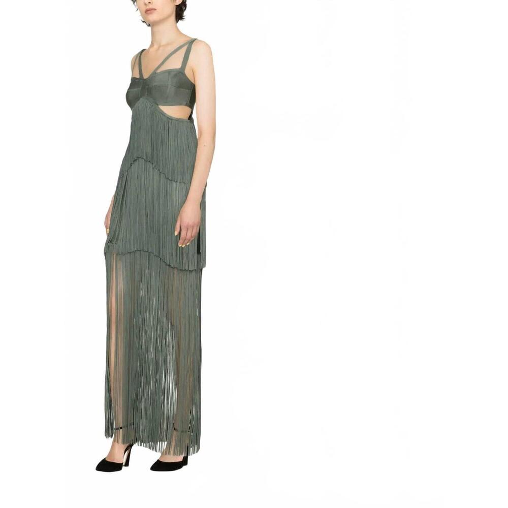 NEW HERVE LEGER tiered fringe maxi gown in willow green - Picture 2 of 5